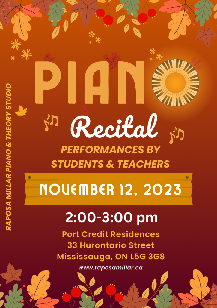Leaves decorate an autumn-themed poster for a children's piano recital.